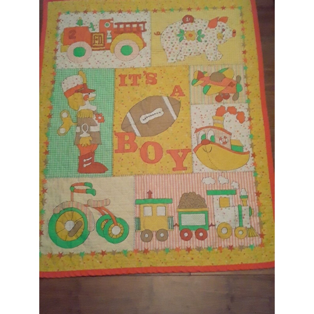 Vintage Baby Blanket Quilt Handmade Trains Planes Firetruck Football "Its a Boy"